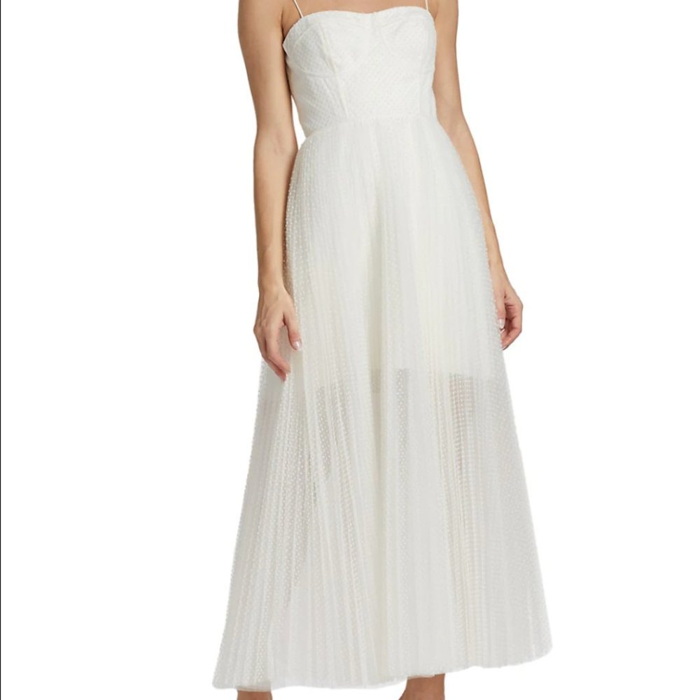 Size 6 White ML Monique Lhuillier Pleated Tulle Midi-Dress, good for petites!